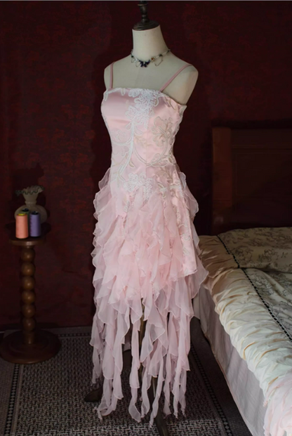 Vintage Ombre Chiffon Ruffled Prom Dress Spaghetti Strap Evening Gown TP5539