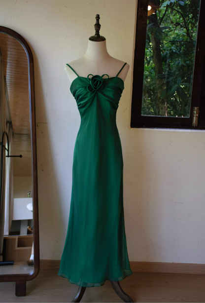 Vintage Emerald Green Chiffon Prom Dress 3D Rose Spaghetti Strap Evening Gown TP5541