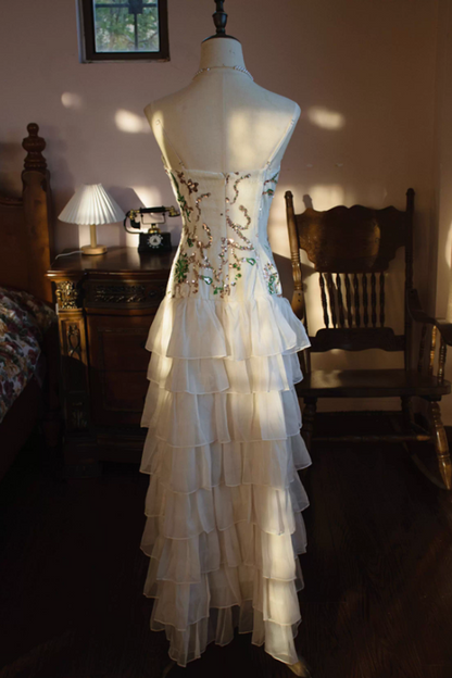 Vintage Ivory Chiffon Tiered Prom Dress Sequin Floral Embroidery Spaghetti Strap Evening Gown TP5542