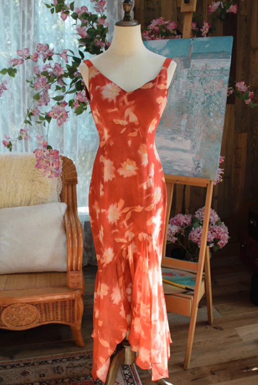 Vintage Coral Red Satin Mermaid Prom Dress Floral Print Evening Gown TP5543