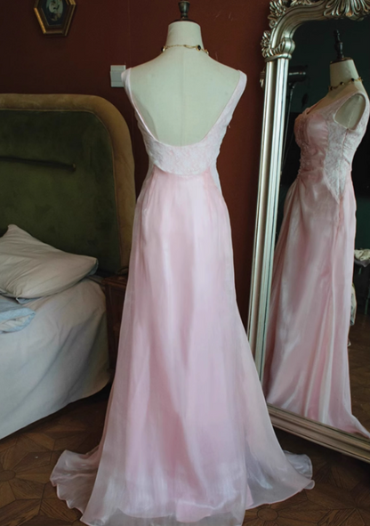 Vintage Pink Chiffon Lace Applique A-Line Evening Gown TP5544