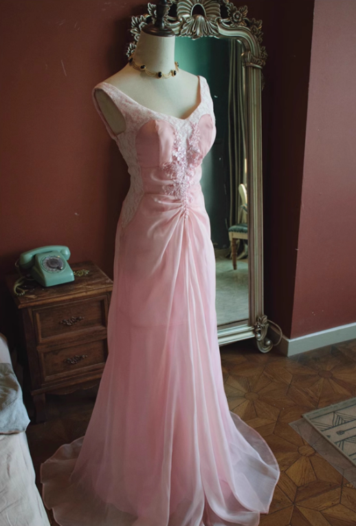 Vintage Pink Chiffon Lace Applique A-Line Evening Gown TP5544