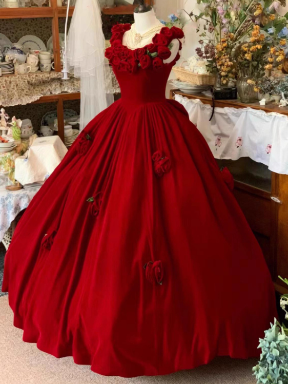 Glamorous Crimson 3D Rose Ruffled Sweet 15 Quinceanera Ball Gown TP5546