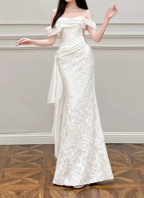 Vintage Off-the-Shoulder Mermaid Lace Applique Draped Satin Wedding Dress TP5625