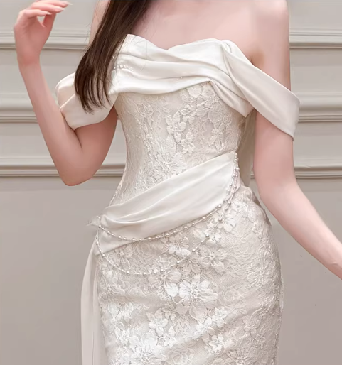 Vintage Off-the-Shoulder Mermaid Lace Applique Draped Satin Wedding Dress TP5625
