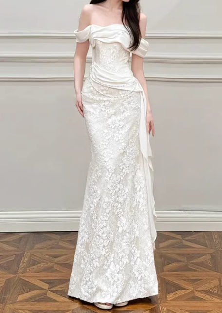 Vintage Off-the-Shoulder Mermaid Lace Applique Draped Satin Wedding Dress TP5625