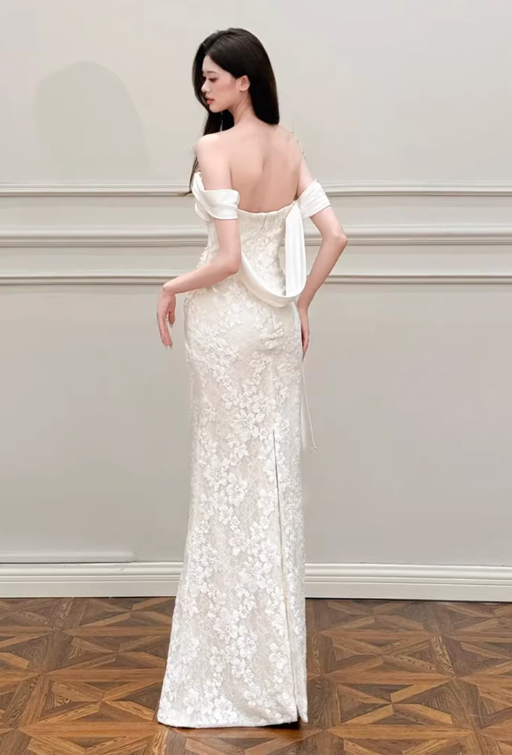 Vintage Off-the-Shoulder Mermaid Lace Applique Draped Satin Wedding Dress TP5625
