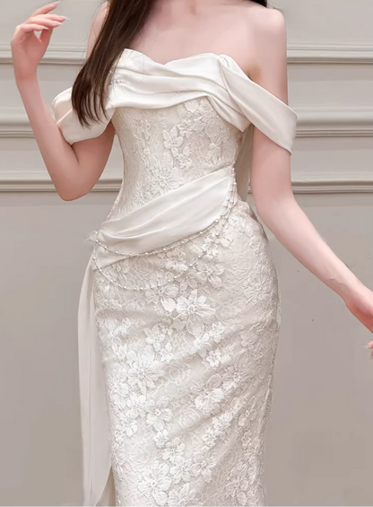 Vintage Off-the-Shoulder Mermaid Lace Applique Draped Satin Wedding Dress TP5625