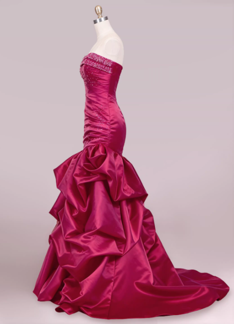 Vintage Fuchsia Strapless Satin Mermaid Gown Beaded Ruffled Formal Evening Gown TP5547
