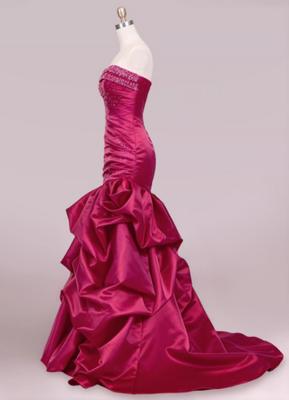 Vintage Fuchsia Strapless Satin Mermaid Gown Beaded Ruffled Formal Evening Gown TP5547