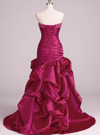 Vintage Fuchsia Strapless Satin Mermaid Gown Beaded Ruffled Formal Evening Gown TP5547