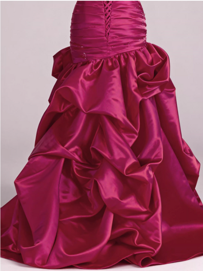Vintage Fuchsia Strapless Satin Mermaid Gown Beaded Ruffled Formal Evening Gown TP5547
