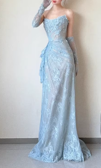 Vintage Light Blue Strapless Lace Evening Gown with Long Gloves Evening Gown TP5548
