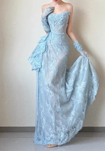 Vintage Light Blue Strapless Lace Evening Gown with Long Gloves Evening Gown TP5548