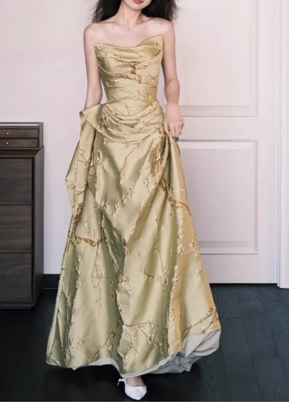 Vintage Champagne Gold Satin Strapless Embroidered Floor-Length Evening Gown TP5550