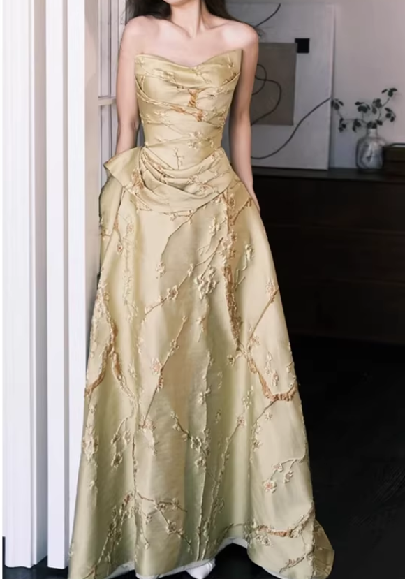 Vintage Champagne Gold Satin Strapless Embroidered Floor-Length Evening Gown TP5550