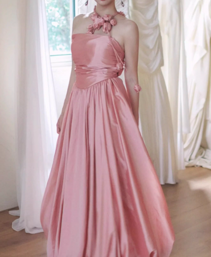 Vintage Pink Satin Strapless Halter Neck Ruffled Floor-Length Evening Gown TP5551