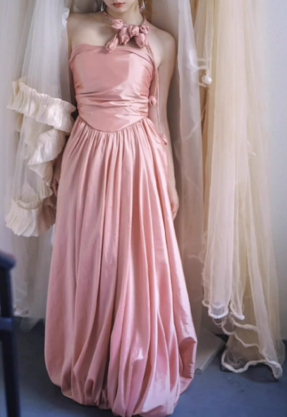 Vintage Pink Satin Strapless Halter Neck Ruffled Floor-Length Evening Gown TP5551