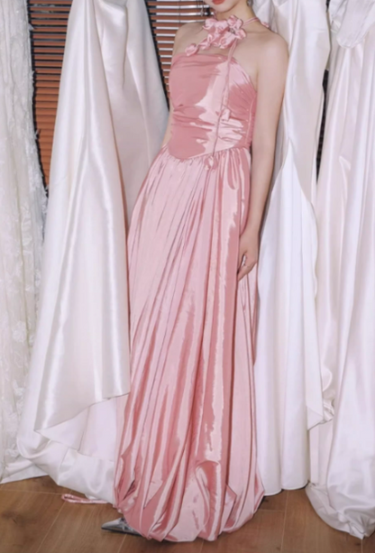 Vintage Pink Satin Strapless Halter Neck Ruffled Floor-Length Evening Gown TP5551