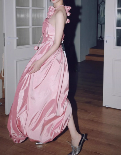 Vintage Pink Satin Strapless Halter Neck Ruffled Floor-Length Evening Gown TP5551