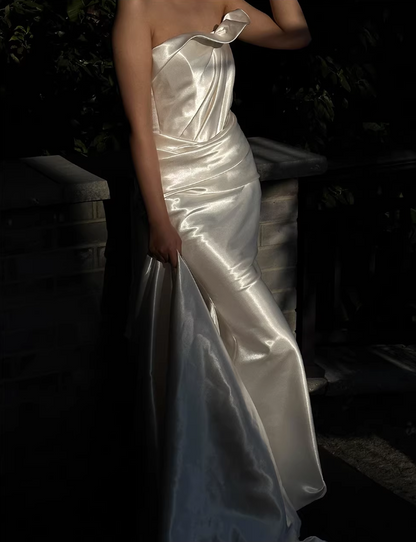 Vintage Ivory Satin Strapless Bridal Gown Sheer Tulle Overlay Romantic Wedding Dress TP5552
