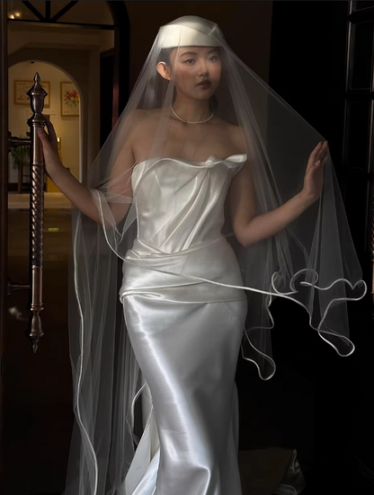 Vintage Ivory Satin Strapless Bridal Gown Sheer Tulle Overlay Romantic Wedding Dress TP5552
