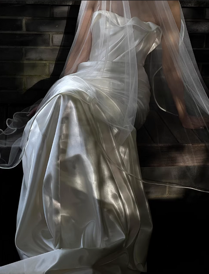 Vintage Ivory Satin Strapless Bridal Gown Sheer Tulle Overlay Romantic Wedding Dress TP5552