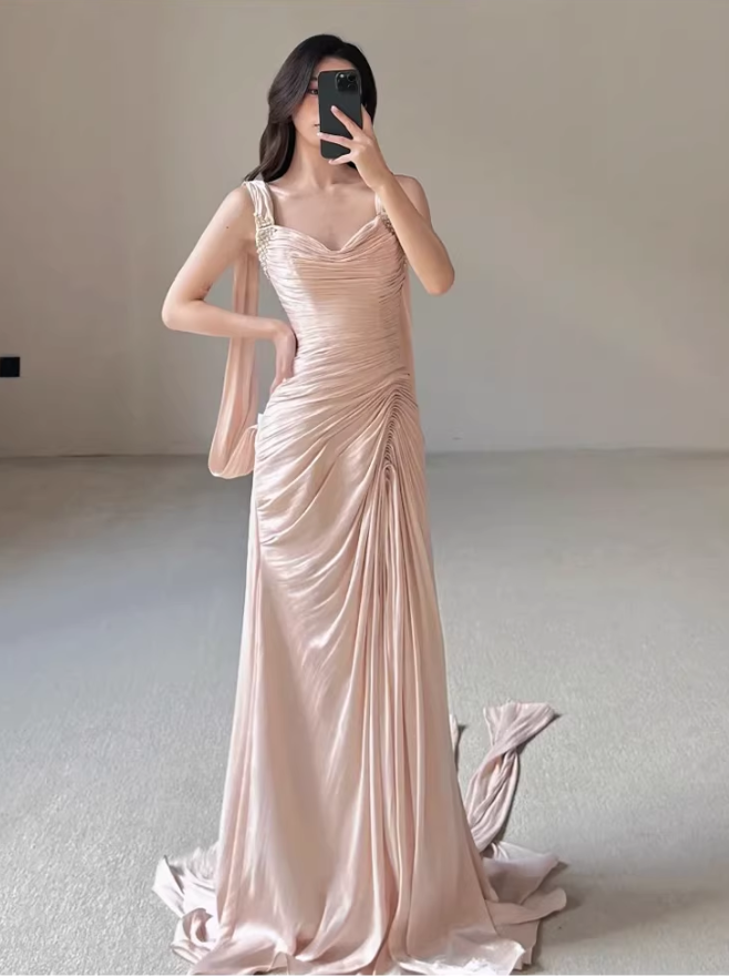 Vintage Pink Satin Ruched Sheath Prom Dress with Train Spaghetti Strap Evening Gown TP5554
