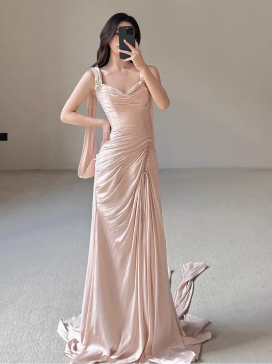 Vintage Pink Satin Ruched Sheath Prom Dress with Train Spaghetti Strap Evening Gown TP5554