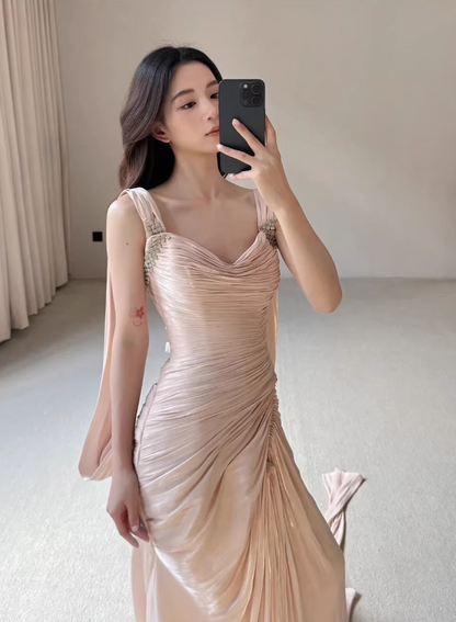 Vintage Pink Satin Ruched Sheath Prom Dress with Train Spaghetti Strap Evening Gown TP5554