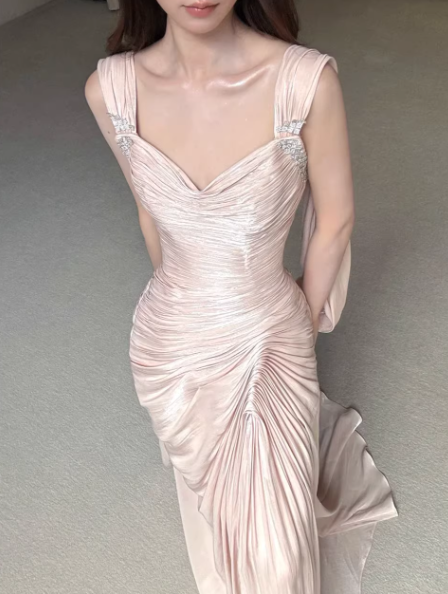 Vintage Pink Satin Ruched Sheath Prom Dress with Train Spaghetti Strap Evening Gown TP5554
