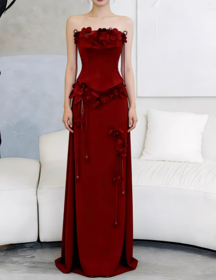 Vintage Burgundy Strapless 3D Floral  Sheath Evening Gown TP5560