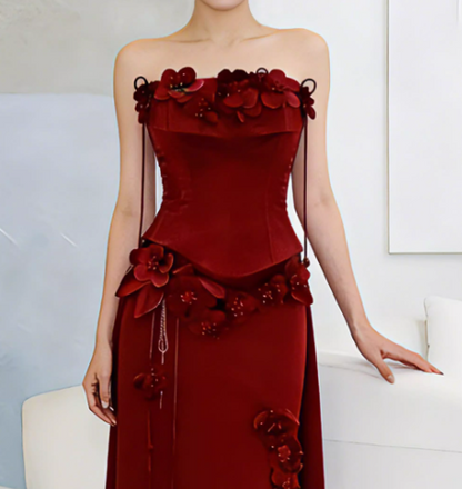 Vintage Burgundy Strapless 3D Floral  Sheath Evening Gown TP5560