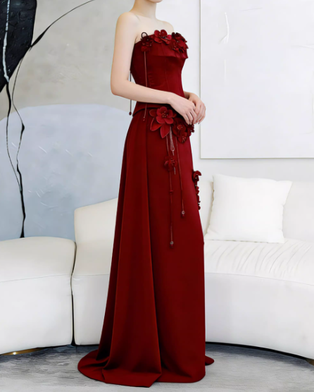 Vintage Burgundy Strapless 3D Floral  Sheath Evening Gown TP5560