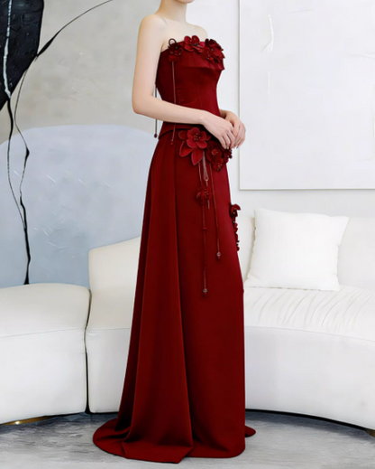 Vintage Burgundy Strapless 3D Floral  Sheath Evening Gown TP5560