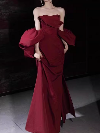 Elegant Burgundy Strapless Mermaid Gown with Oversized Puff Sleeves & Ruched Bodice Prom Dress TP5582