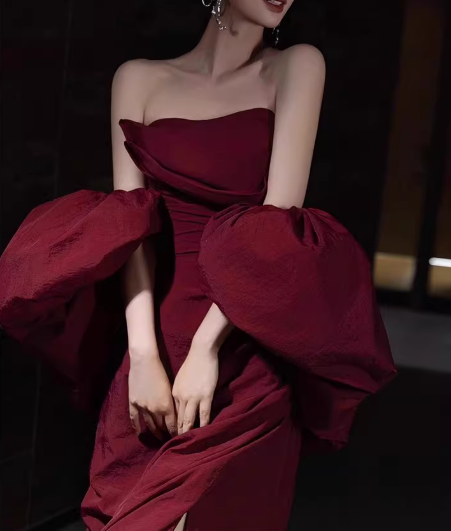 Elegant Burgundy Strapless Mermaid Gown with Oversized Puff Sleeves & Ruched Bodice Prom Dress TP5582