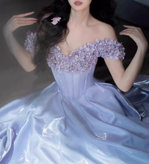 Elegant Lilac Satin A-Line Gown with Off-the-Shoulder Floral Embellishments & Train Prom Dress TP5583
