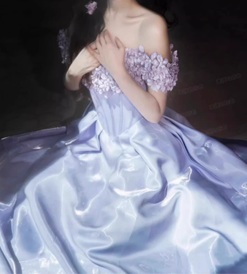 Elegant Lilac Satin A-Line Gown with Off-the-Shoulder Floral Embellishments & Train Prom Dress TP5583