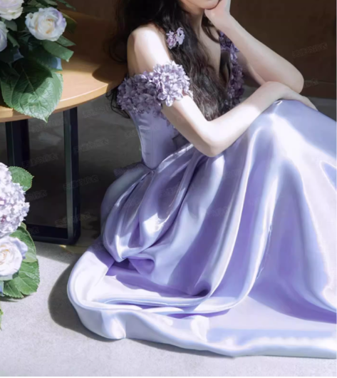 Elegant Lilac Satin A-Line Gown with Off-the-Shoulder Floral Embellishments & Train Prom Dress TP5583