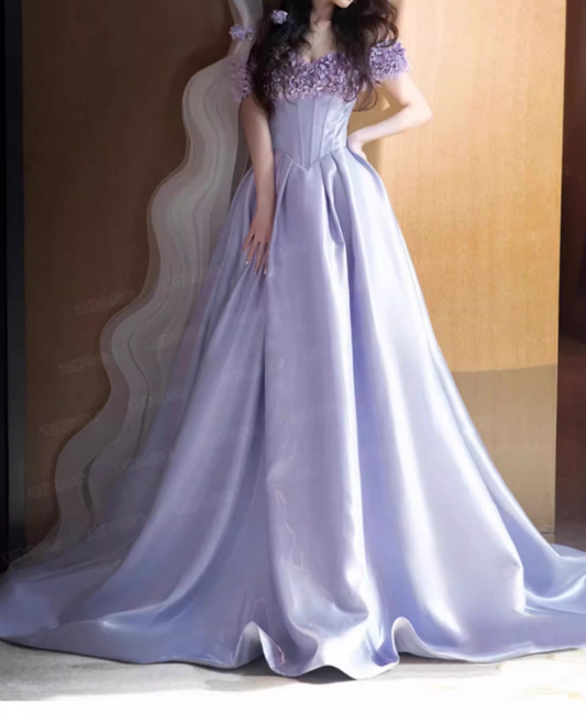 Elegant Lilac Satin A-Line Gown with Off-the-Shoulder Floral Embellishments & Train Prom Dress TP5583