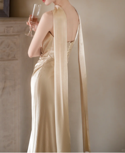 Elegant Champagne One-Shoulder Sheath Evening Gown Ruched Satin Prom Dress TP5584