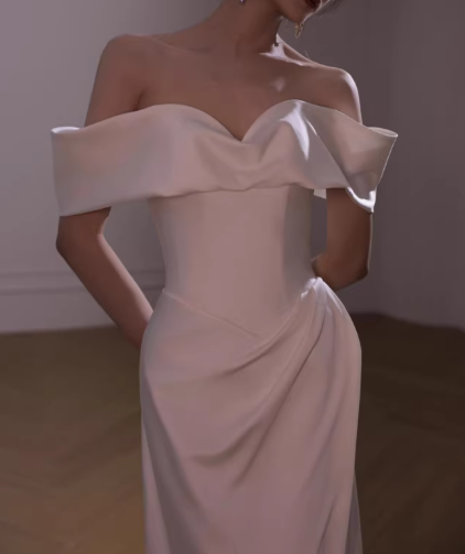Vintage Off-Shoulder Ivory Satin Ruffled Neckline Sheath Wedding Dress TP5588
