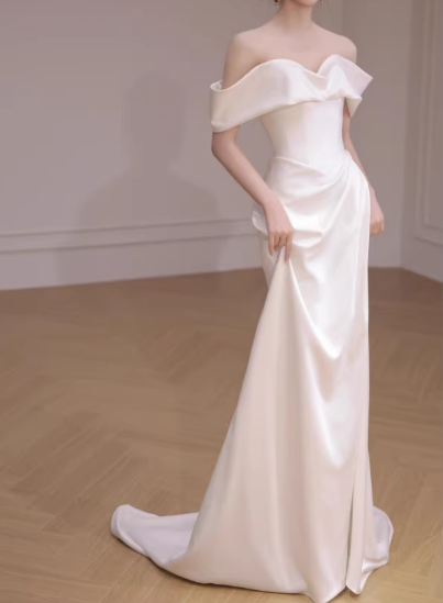 Vintage Off-Shoulder Ivory Satin Ruffled Neckline Sheath Wedding Dress TP5588