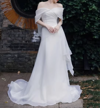 Elegant Off-Shoulder Ivory Chiffon Draped Flowy Train Sheath Wedding Dress TP5597
