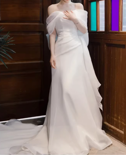 Elegant Off-Shoulder Ivory Chiffon Draped Flowy Train Sheath Wedding Dress TP5597