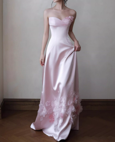 Romantic Strapless Pink Satin Evening Gown 3D Floral Sheath Prom Dress TP5598