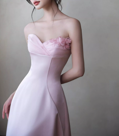 Romantic Strapless Pink Satin Evening Gown 3D Floral Sheath Prom Dress TP5598
