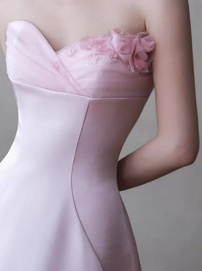 Romantic Strapless Pink Satin Evening Gown 3D Floral Sheath Prom Dress TP5598