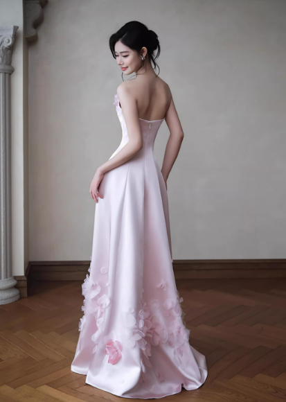 Romantic Strapless Pink Satin Evening Gown 3D Floral Sheath Prom Dress TP5598
